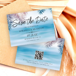 QR-kod Elegant Tropisk Palm Ocean Strand Bröllop Spara Datumet