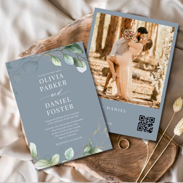 QR-kod Eucalyptus Dusty Blue Photo Bröllop Inbjudningar (Skapare uppladdad)