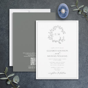 QR-kod Eucalyptus Leafy Vapensköld Monogram Bröllo Inbjudningar