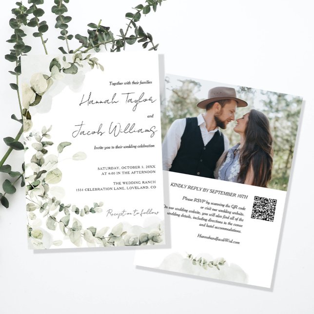 QR-kod Eucalyptus Photo Bröllop Inbjudningar (eucalyptus photo qr code wedding invitation)