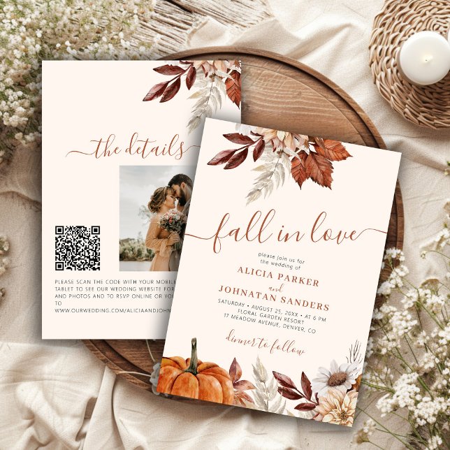 QR-kod Fall in Love botanisk pumpa bröllop Inbjudningar (Skapare uppladdad)