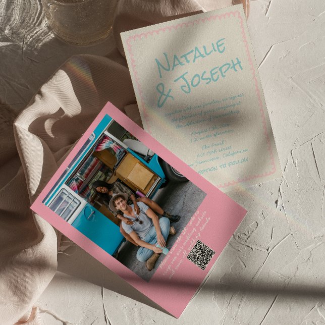 QR-kod Färgglad Pastell Handskriven Foto Bröllop Inbjudningar (Skapare uppladdad)