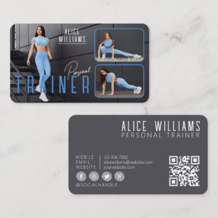 QR-kod Fitness Blue & Grått Personal Trainer Photo Visitkort