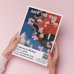 QR-kod för Asia Vintage bröllop Travel Poster Stil Spara Datumet