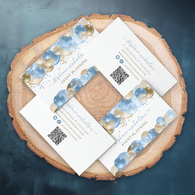 QR-kod för Blått Guld i party Visitkort (Party Planner Blue Gold Balloon QR Code Business Card)