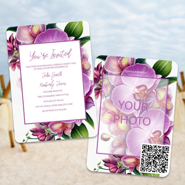 QR-kod för blommigtens fotobröllop-inbjudan Inbjudningar (Add your photo and your very own QR code with these floral orchids in bloom wedding invitations)