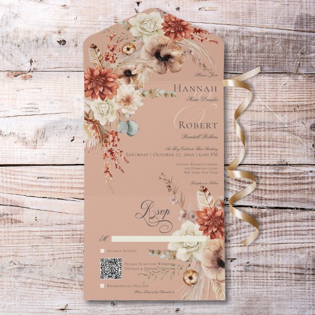 QR-kod för Boho Peach & Rust Blommigt & Feather Pe (Boho Peach & Rust Floral & Feather Peach QR Code All In One Invitation)