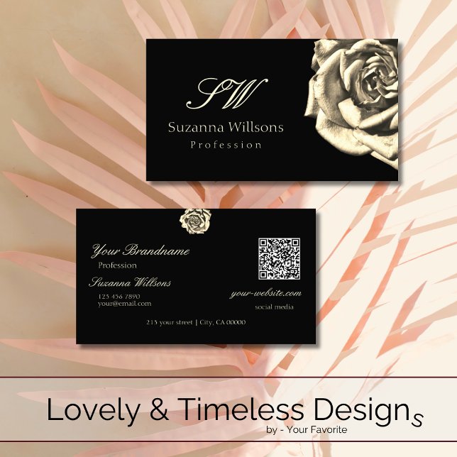 QR-kod för Classy Plain Black Beige Ro Initialer Visitkort (Skapare uppladdad)