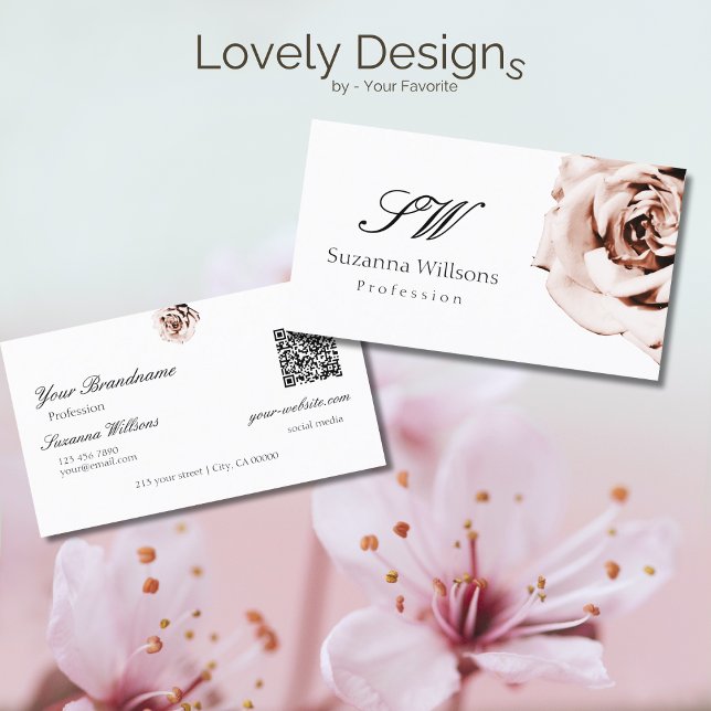 QR-kod för Cute Dusty Rosa ros Plain White Initial Visitkort (Skapare uppladdad)