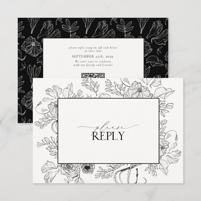 QR-kod för elegant Black White Bröllop OSA Kort (Fram/baksida)