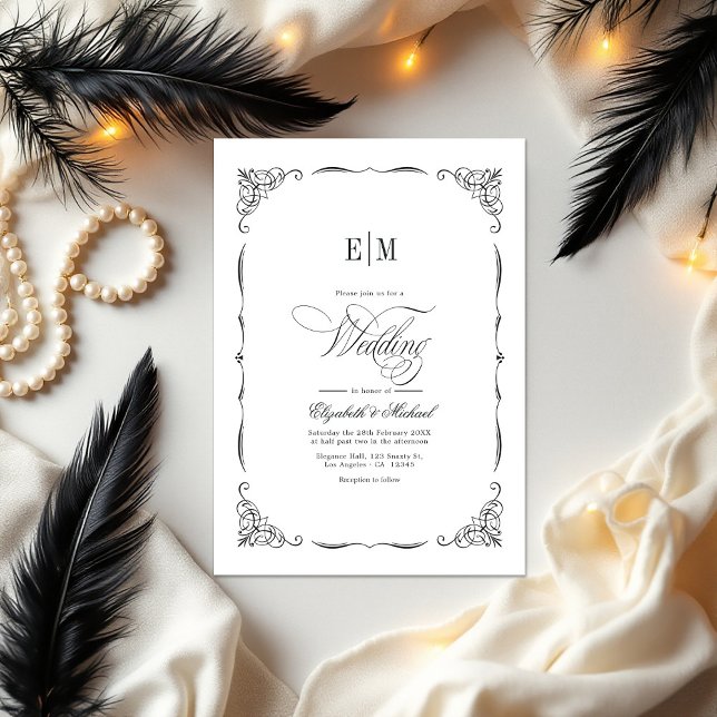 QR-kod för elegant Monogrammed Black & White Bröll Inbjudningar (Elegant Monogrammed Black & White Wedding QR Code Invitation)