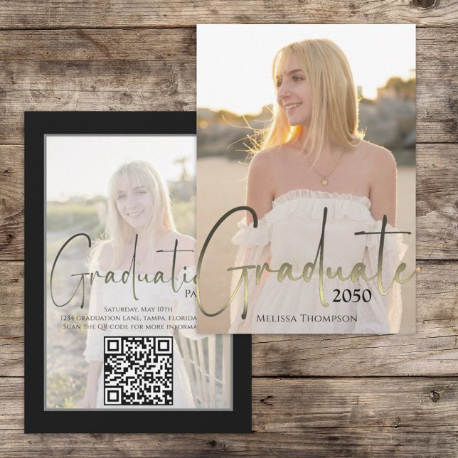 QR-kod för foto med svart kalligrafi i guld Studen Inbjudningar (Skapare uppladdad)