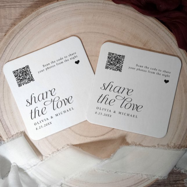 QR-kod för fotodelning Modern enkel bröllops- Underlägg Papper Kvadrat (Personalized wedding coasters with QR codes for guests to upload photos.)
