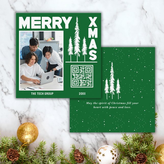 QR-kod för grönt och vitt God jul Fyrkantigt Visitkort (Wish your clients Merry Christmas & promote your business at the same time. Get yours today!)