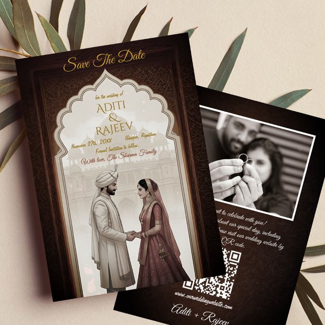 QR-kod för Indiska palatset Bröllop spara datum Inbjudningar (Royal Indian Wedding Save The Date with Couple Image and QR Code in the backside.)
