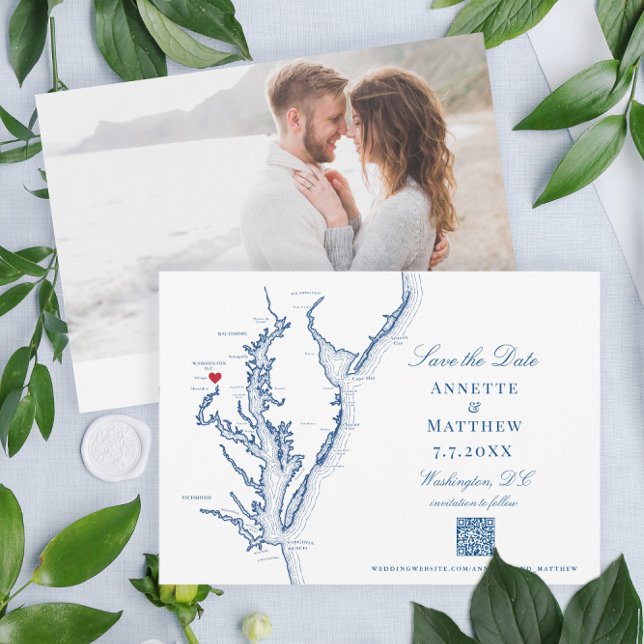 QR-kod för marinen Washington DC Bröllop Elegant Spara Datumet (These Washington DC map Save the Dates are perfect for your Chesapeake Bay destination wedding)