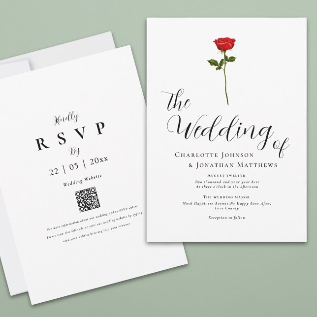 QR-kod för minimal Elegant i Röd ros Inbjudningar (Simple red rose watercolor elegant script qr code wedding invitation )