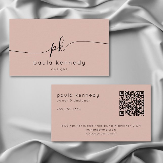  QR-kod för modern minimal Elegant, monogram Rosa Visitkort (Skapare uppladdad)