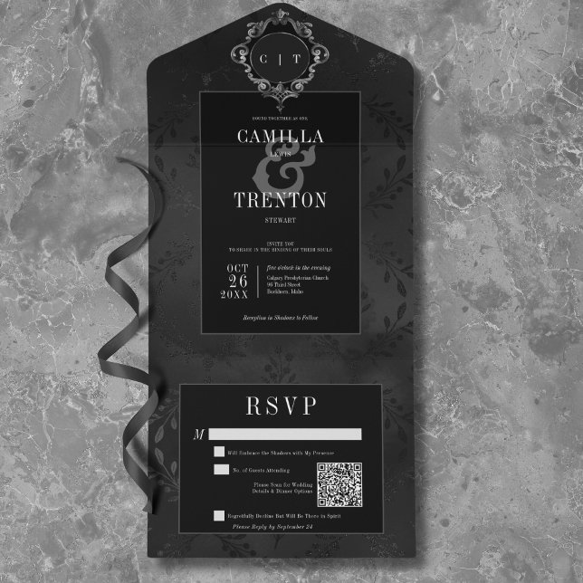 QR-kod för mörk Gotham Black & Black Blommigt Sati (Dark Gothic Black & Black Floral Satin QR Code All In One Invitation)