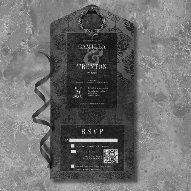 QR-kod för mörk Gotham Black & Black Damask (Dark Gothic Black & Black Damask QR Code All In One Invitation)