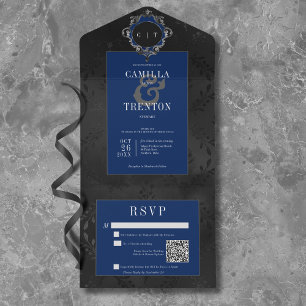 QR-kod för mörk Gotham Black & Blue Blommigt Satin