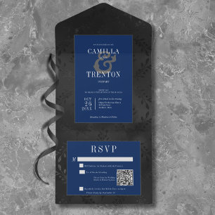 QR-kod för mörk Gotham Black & Blue Blommigt Satin