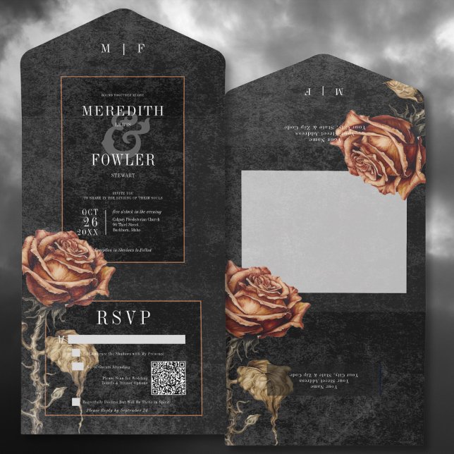 QR-kod för mörk Gothic Black & Rust Ro (Dark Gothic Black & Rust Rose All In One Wedding Invitation with QR Code)