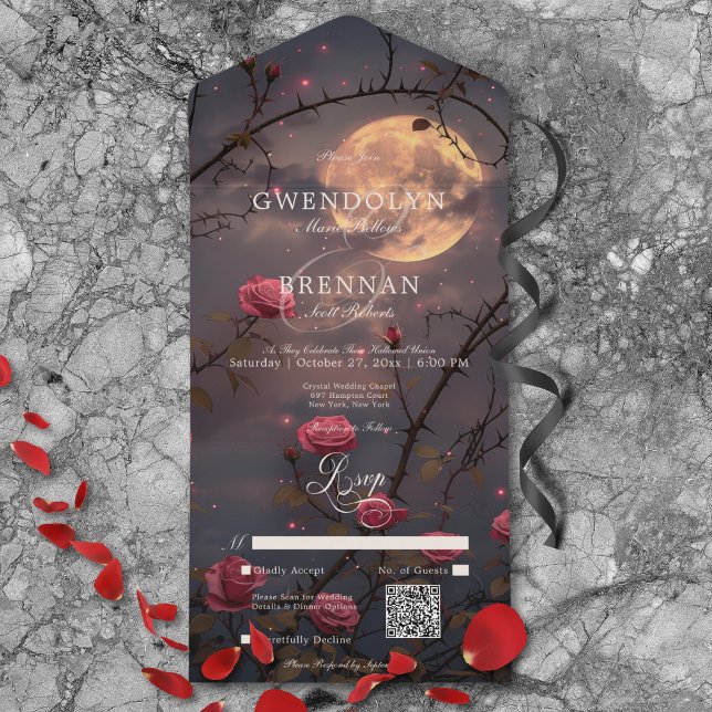 QR-kod för mörk Gothic Full Moon & Blood Röd ros (Dark Gothic Full Moon & Blood Red Roses QR Code All In One Invitation)