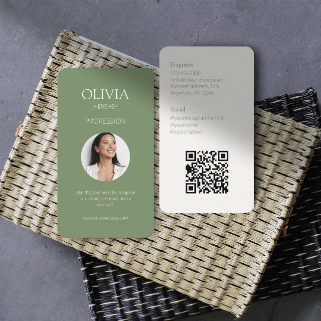 QR-kod för oliv grönt och Creamy Ivory Photo Socia Visitkort (Skapare uppladdad)
