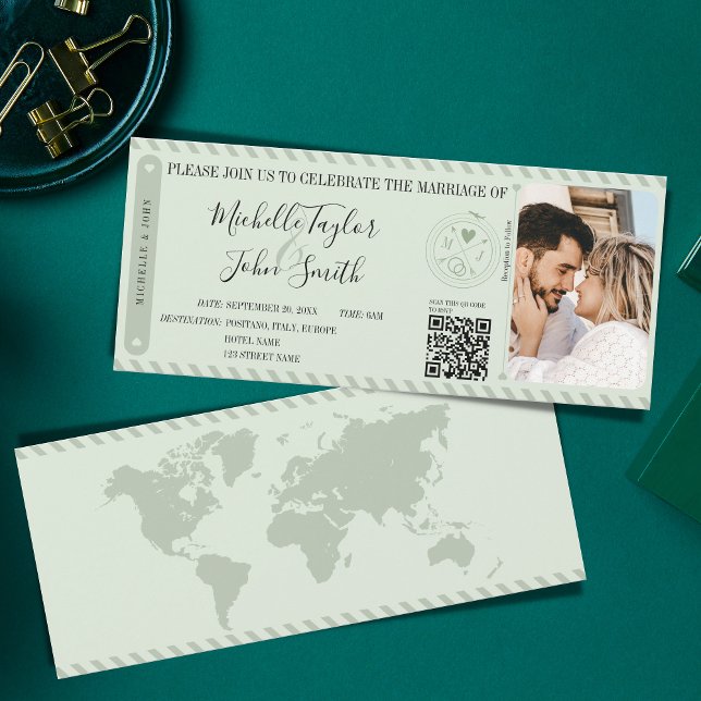 QR-kod för ombordstigningsbevis för destinationsbr Inbjudningar (modern sage green boarding pass invitation)