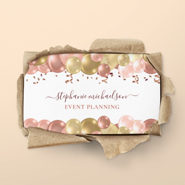 QR-kod för Party Guld-ballongen Ro Visitkort (Party Planner Rose Gold Balloon QR Code Business Card)