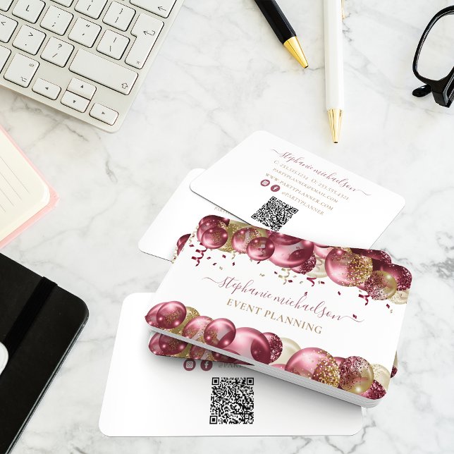 QR-kod för Party Planner Burgundy Guld Visitkort (Party Planner Burgundy Gold Balloon QR Code Business Card)