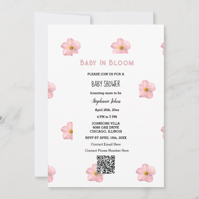QR-kod för Rosa Blommigt Cute Baby i bloom Inbjudningar (Framsida)