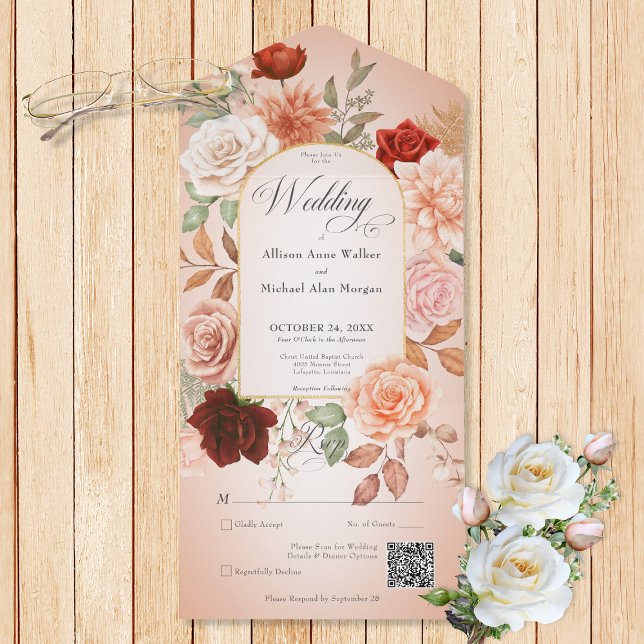 QR-kod för Rustic Boho Rust & Peach Blommigt Arch (Also available without a QR code; with or without dinner selection options.)