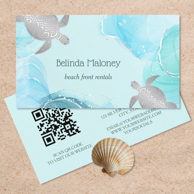 QR-kod för silver Turtle Blue Bläck-kusten Visitkort (Skapare uppladdad)
