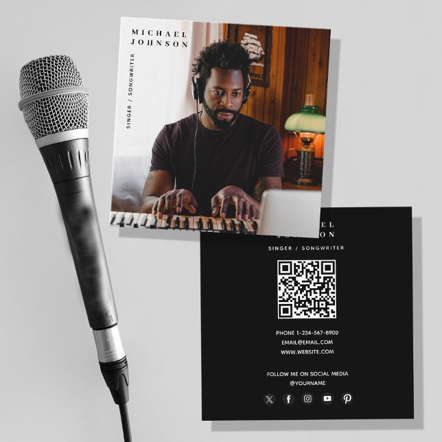 QR-kod för Singer Musician Photo Performer Fyrkantigt Visitkort (Singer Musician Photo Performer QR Code Square Business Card)