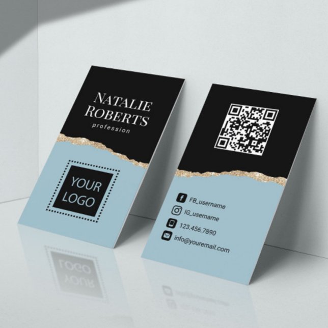QR-kod för Social Media Mint Blue Black & Guld Visitkort (Skapare uppladdad)