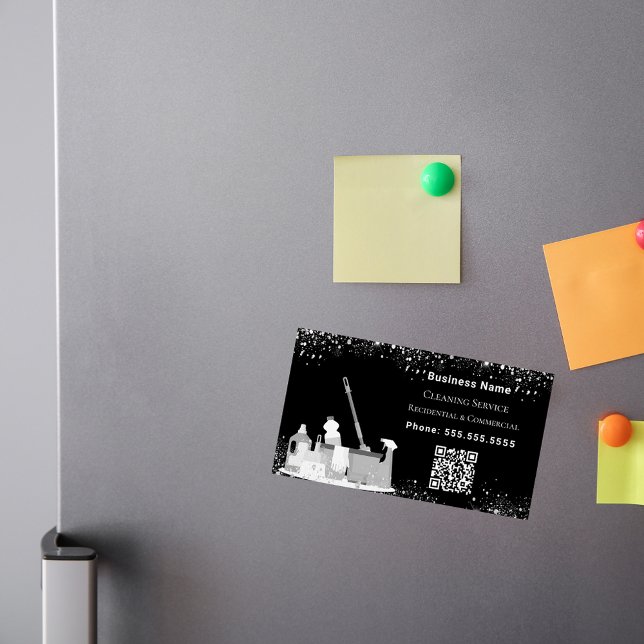 QR-kod för städning av svartvit silver-glitter-sto Magnetiska Visitkort (Skapare uppladdad)