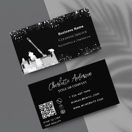 QR-kod för städning av svartvit silver-glitter-sto Visitkort