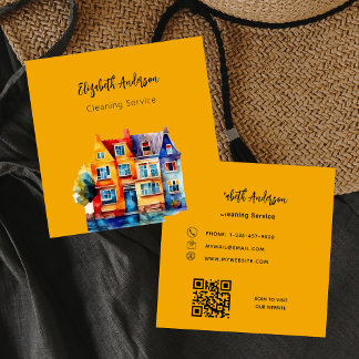 QR-kod för städning tjänst för orange hemma Fyrkantigt Visitkort