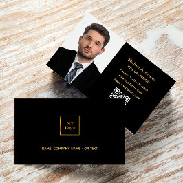 QR-kod för svartvit guld-fotoenkel elegant Visitkort
