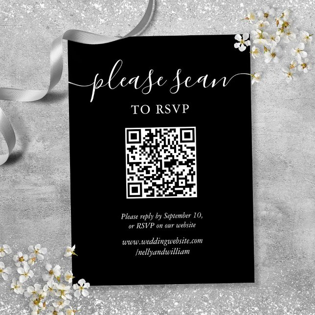 QR-kod för svartvitt skript och vitt skript Tilläggskort (Black And White Script Wedding RSVP QR Code Enclosure Card)