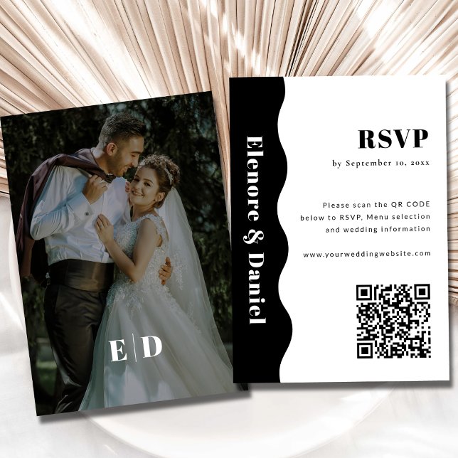 QR-kod för svartvitt (svartvitt) Foto Bröllop OSA Kort (Black and White Side Wave QR code Photo Wedding RSVP Card)