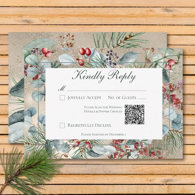 QR-kod för vinterjul Greenery Guld Bröllop OSA Kort (Winter Christmas Greenery Gold Wedding QR Code RSVP Card)