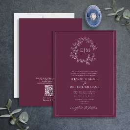 QR-kod Formell Burgundy Leafy Vapensköld Monogram Inbjudningar