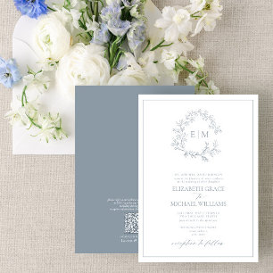 QR-kod Formell Dusty Blue Leafy Vapensköld Monogra Inbjudningar