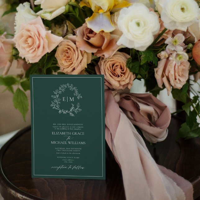 QR-kod Formell Emerald Grönt Leafy Vapensköld Mono Inbjudningar (Skapare uppladdad)