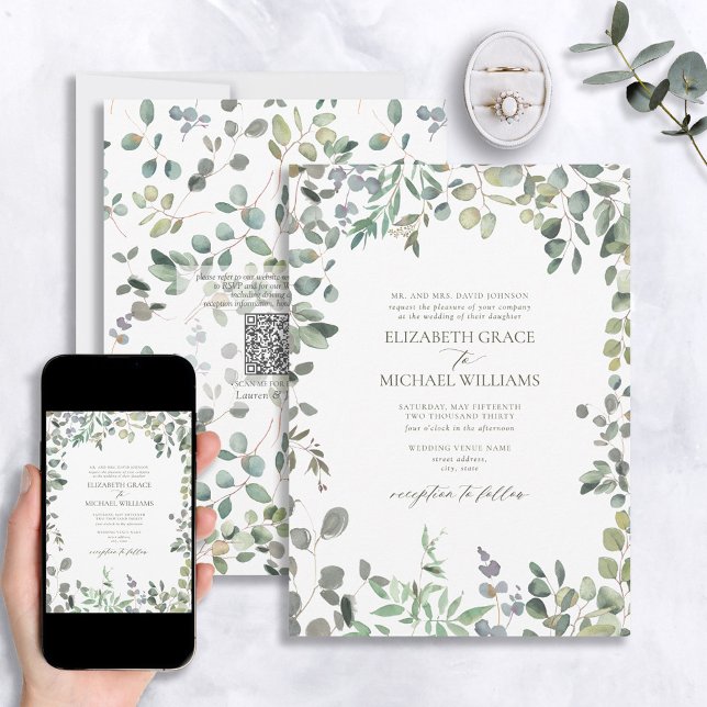 QR-kod Formell Grönt Eucalyptus Vattenfärg Inbjudningar (Skapare uppladdad)