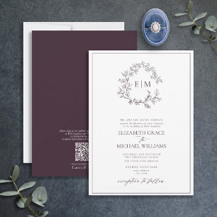 QR-kod Formell Plum Lila Leafy Vapensköld Monogram Inbjudningar