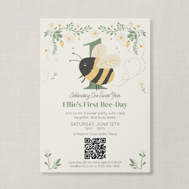 QR-kod Första Småttingens Dag Saga Honungsbin Föde Inbjudningar (Wildflower Flight - First Bee Day Invitation with QR Code)